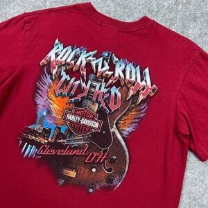 Harley Davidson Shirt Men Medium Red Cleveland Ohio Rock N Roll Biker Pocket Tee